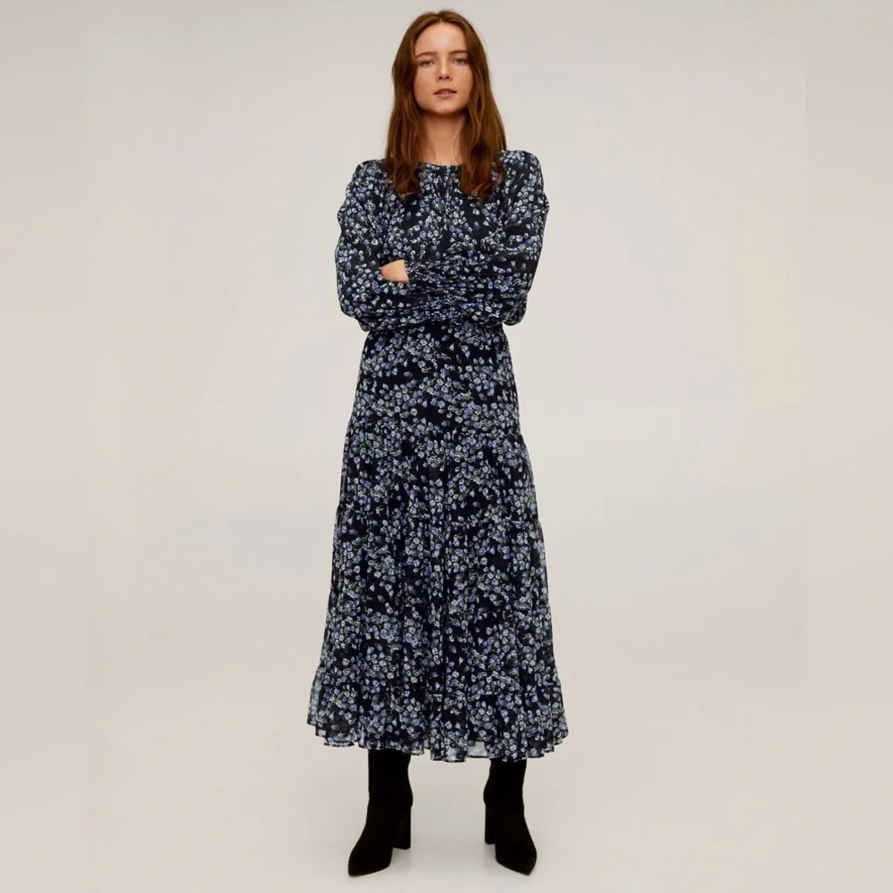 Mango Matching Set! XS/S Maxi Skirt + Blouse- Black Tiered- Purple Floral Print - Picture 1 of 14